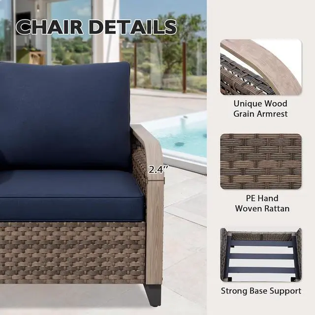 Alt view image 4 of 7 - Wicker Outdoor Patio Sofa Modern Rattan Patio Furniture Loveseat for Backyard Deck Porch Balcony, 3 Seat Couch, Brown/Blue