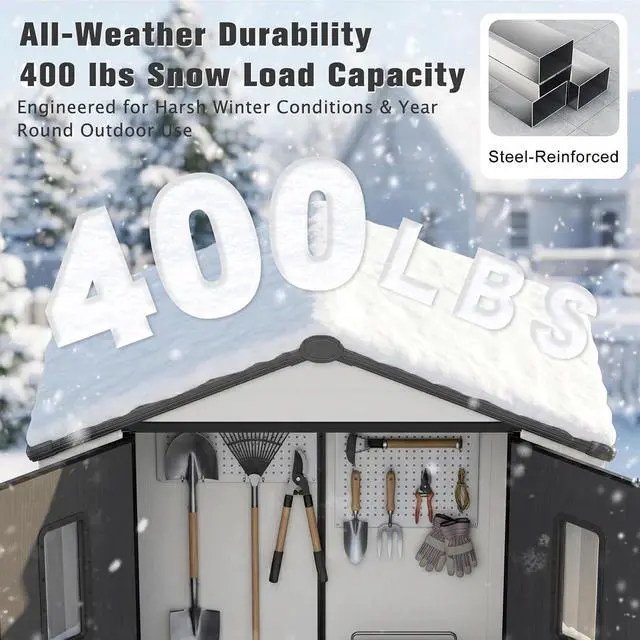 Alt view image 6 of 7 - 6x4 Outdoor Storage Shed, Weatherproof Resin Storage Shed with Floor, Tongue-and-Groove Roof Panels, Windows and Lockable Doors, Garden Tool Storage Shed for Backyard, Patio, White/Gray