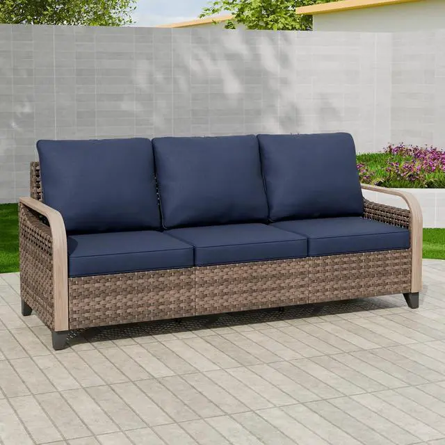 Alt view image 5 of 7 - Wicker Outdoor Patio Sofa Modern Rattan Patio Furniture Loveseat for Backyard Deck Porch Balcony, 3 Seat Couch, Brown/Blue