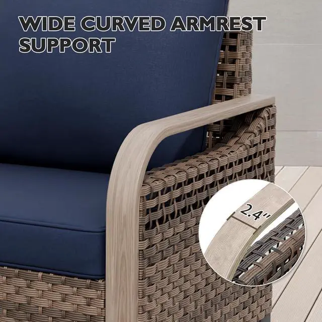 Alt view image 6 of 7 - Wicker Outdoor Patio Sofa Modern Rattan Patio Furniture Loveseat for Backyard Deck Porch Balcony, 3 Seat Couch, Brown/Blue
