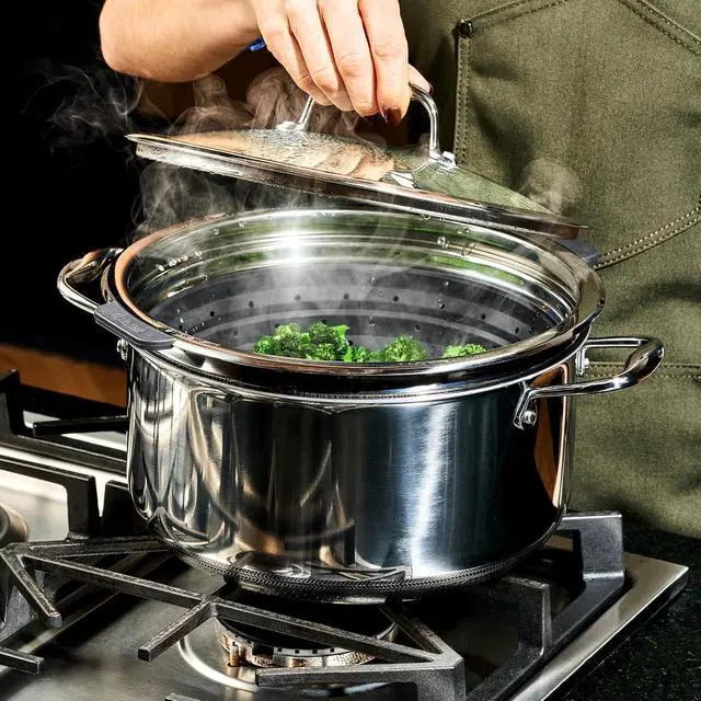 Alt view image 3 of 7 - 2-Piece Steamer Basket Set for Steaming and Draining, Fits HexClad's 3 and 8Qt Pots, Dishwasher-Safe, Space-Saving Design, Heat-Safe to 425ºF, Non-Slip Handles, Silicone and Stainless Steel