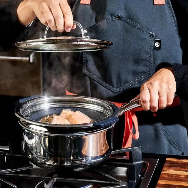 Alt view image 5 of 7 - 2-Piece Steamer Basket Set for Steaming and Draining, Fits HexClad's 3 and 8Qt Pots, Dishwasher-Safe, Space-Saving Design, Heat-Safe to 425ºF, Non-Slip Handles, Silicone and Stainless Steel