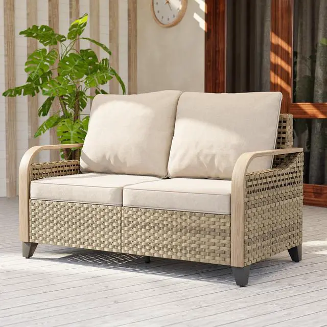 Alt view image 5 of 7 - Wicker Outdoor Patio Sofa Modern Rattan Patio Furniture Loveseat for Backyard Deck Porch Balcony, 2 Seat Loveseat, Brown/Gray
