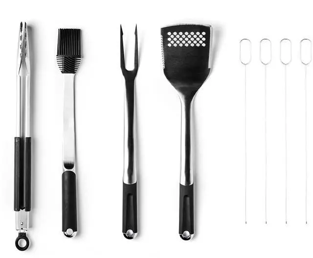 Main image of 8-Piece BBQ Grill Tool Set with 18" Grill Spatula, 18" Locking Tongs, 17" Silicone Basting Brush, 18" Grill Fork, and Four 15" Flat Skewers, Heat-Resistant, Soft-Grip, Non-Slip Handles