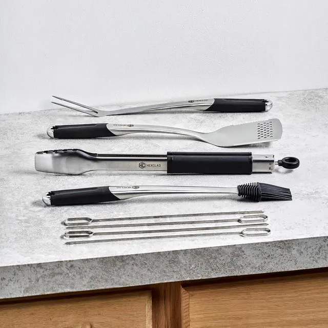 Alt view image 2 of 5 - 8-Piece BBQ Grill Tool Set with 18" Grill Spatula, 18" Locking Tongs, 17" Silicone Basting Brush, 18" Grill Fork, and Four 15" Flat Skewers, Heat-Resistant, Soft-Grip, Non-Slip Handles