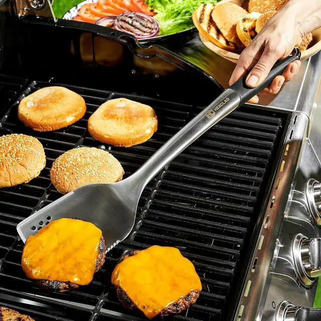 Alt view image 5 of 5 - 8-Piece BBQ Grill Tool Set with 18" Grill Spatula, 18" Locking Tongs, 17" Silicone Basting Brush, 18" Grill Fork, and Four 15" Flat Skewers, Heat-Resistant, Soft-Grip, Non-Slip Handles