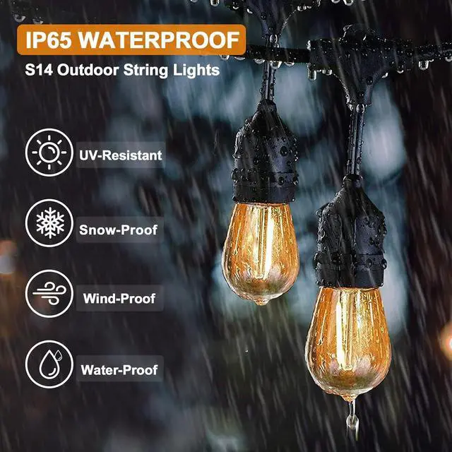 Alt view image 3 of 7 - 25 FT S14 Solar-Powered String Lights, IP65, 10 Shatterproof Edison Vintage Bulbs (2 Spare) for Outdoors, 10 Hanging Sockets, Decorative Lights for Patio, Garden, Wedding, Party, and Pool