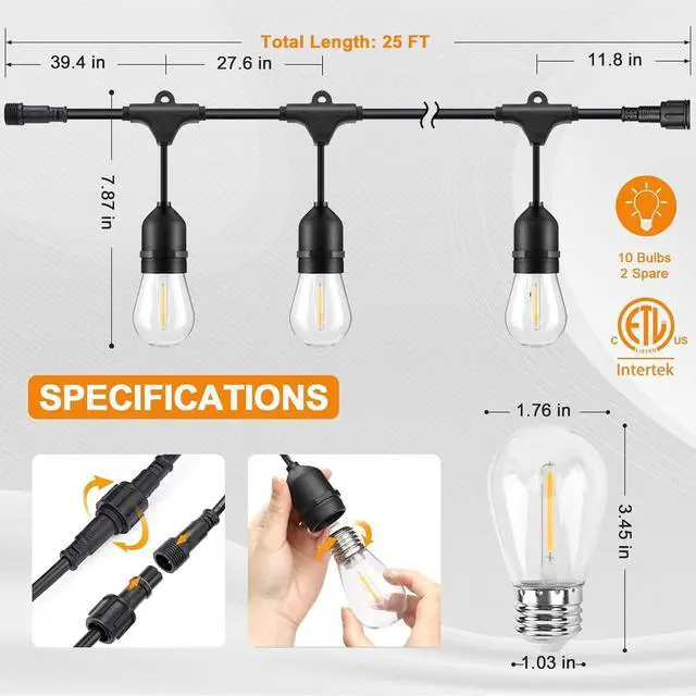 Alt view image 5 of 7 - 25 FT S14 Solar-Powered String Lights, IP65, 10 Shatterproof Edison Vintage Bulbs (2 Spare) for Outdoors, 10 Hanging Sockets, Decorative Lights for Patio, Garden, Wedding, Party, and Pool