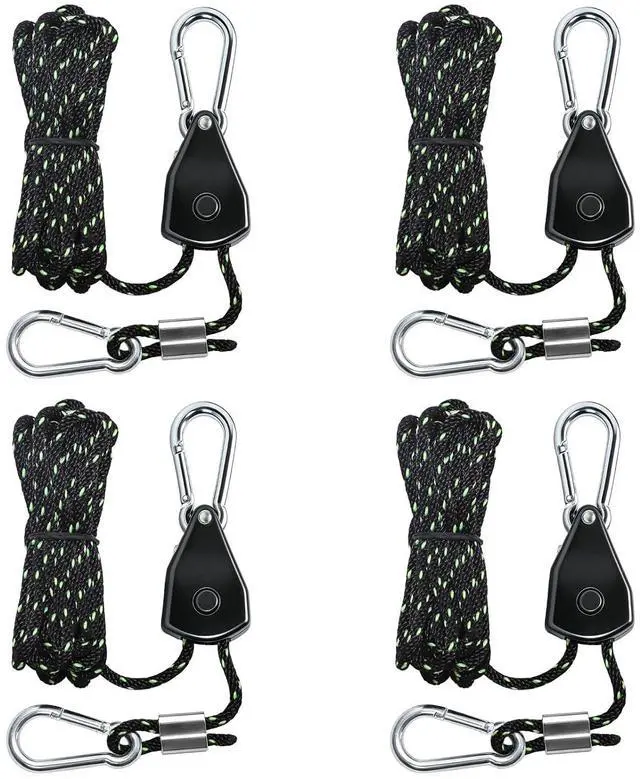 Main image of 4-Pack 1/6" Adjustable Rope Ratchet Tie Down Strap Set Heavy Duty Pulley System with Carabiner Hook, 1440 lbs Capacity, 10ft Rope for Cargo, Trucks, Trailers & Storage