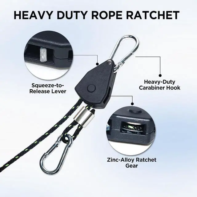 Alt view image 2 of 7 - 4-Pack 1/6" Adjustable Rope Ratchet Tie Down Strap Set Heavy Duty Pulley System with Carabiner Hook, 1440 lbs Capacity, 10ft Rope for Cargo, Trucks, Trailers & Storage