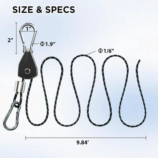 Alt view image 3 of 7 - 4-Pack 1/6" Adjustable Rope Ratchet Tie Down Strap Set Heavy Duty Pulley System with Carabiner Hook, 1440 lbs Capacity, 10ft Rope for Cargo, Trucks, Trailers & Storage