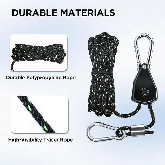 Alt view image 4 of 7 - 4-Pack 1/6" Adjustable Rope Ratchet Tie Down Strap Set Heavy Duty Pulley System with Carabiner Hook, 1440 lbs Capacity, 10ft Rope for Cargo, Trucks, Trailers & Storage