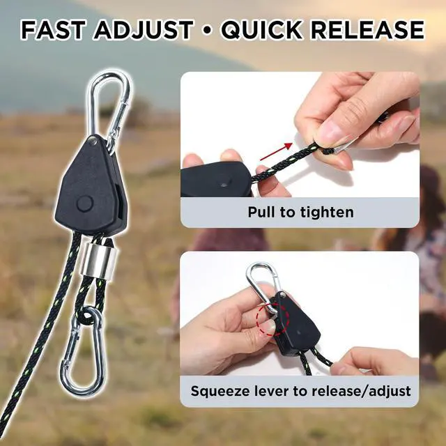 Alt view image 7 of 7 - 4-Pack 1/6" Adjustable Rope Ratchet Tie Down Strap Set Heavy Duty Pulley System with Carabiner Hook, 1440 lbs Capacity, 10ft Rope for Cargo, Trucks, Trailers & Storage
