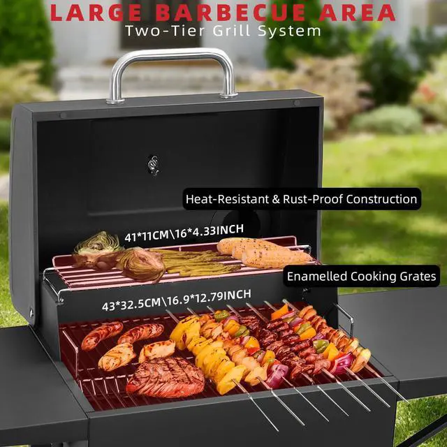 Alt view image 3 of 7 - Charcoal Grill with Side Shelf, 353 Sq.Inch Cooking Area,Large Smoker Barbecue Grill with Warming Rack,Outdoor BBQ Grill with Charcoal Tray for Yard, Camping, Picnic