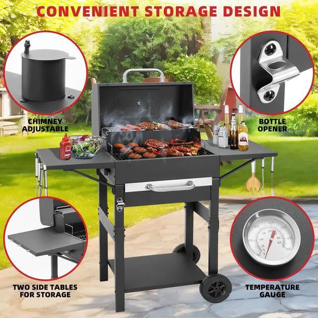 Alt view image 4 of 7 - Charcoal Grill with Side Shelf, 353 Sq.Inch Cooking Area,Large Smoker Barbecue Grill with Warming Rack,Outdoor BBQ Grill with Charcoal Tray for Yard, Camping, Picnic