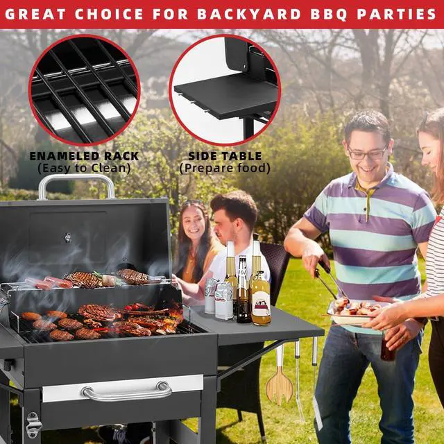Alt view image 7 of 7 - Charcoal Grill with Side Shelf, 353 Sq.Inch Cooking Area,Large Smoker Barbecue Grill with Warming Rack,Outdoor BBQ Grill with Charcoal Tray for Yard, Camping, Picnic
