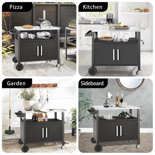Alt view image 2 of 6 - Grill Cart Table with Big Storage Cabinet, Movable Outdoor Dining Cart Pizza Oven Stand, Kitchen Cart Island Multifunction Food Prep Table Stainless Steel Surface