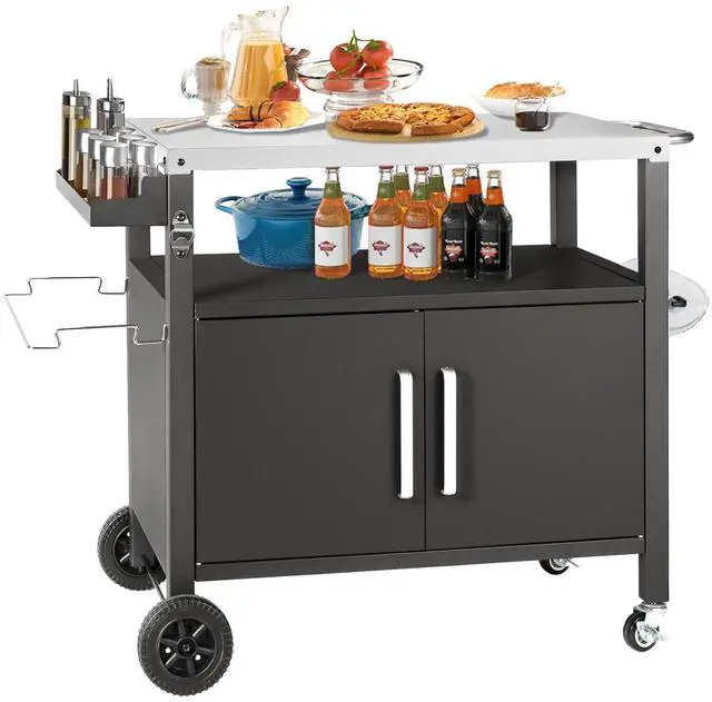 Main image of Grill Cart Table with Big Storage Cabinet, Movable Outdoor Dining Cart Pizza Oven Stand, Kitchen Cart Island Multifunction Food Prep Table Stainless Steel Surface
