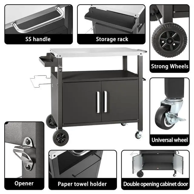 Alt view image 3 of 6 - Grill Cart Table with Big Storage Cabinet, Movable Outdoor Dining Cart Pizza Oven Stand, Kitchen Cart Island Multifunction Food Prep Table Stainless Steel Surface