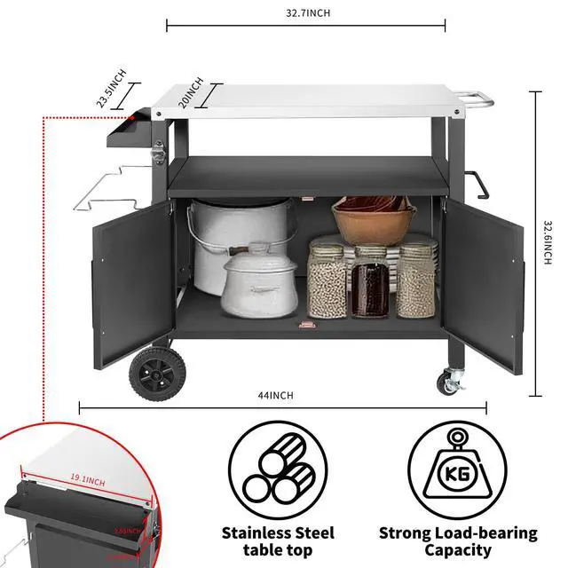 Alt view image 6 of 6 - Grill Cart Table with Big Storage Cabinet, Movable Outdoor Dining Cart Pizza Oven Stand, Kitchen Cart Island Multifunction Food Prep Table Stainless Steel Surface