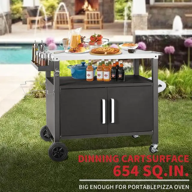 Alt view image 4 of 6 - Grill Cart Table with Big Storage Cabinet, Movable Outdoor Dining Cart Pizza Oven Stand, Kitchen Cart Island Multifunction Food Prep Table Stainless Steel Surface
