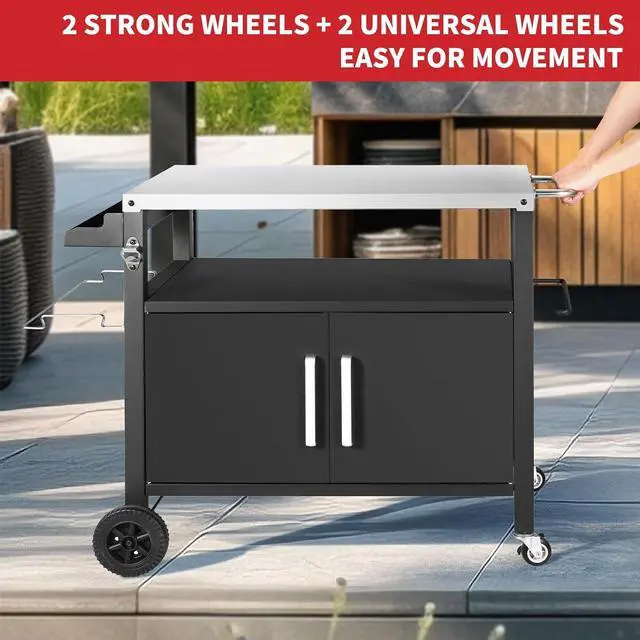 Alt view image 5 of 6 - Grill Cart Table with Big Storage Cabinet, Movable Outdoor Dining Cart Pizza Oven Stand, Kitchen Cart Island Multifunction Food Prep Table Stainless Steel Surface