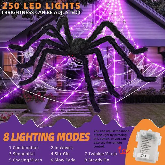 Alt view image 3 of 7 - Halloween Decorations Outdoor and Indoor,250 LED Halloween Spider Web Light Decorations with 59" Giant Spider & 20g Stretch Cobweb,200" Large Light Up Spider Web for Yard(Purple)