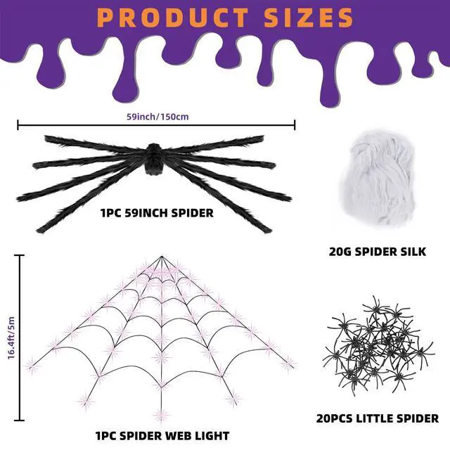 Alt view image 2 of 7 - Halloween Decorations Outdoor and Indoor,250 LED Halloween Spider Web Light Decorations with 59" Giant Spider & 20g Stretch Cobweb,200" Large Light Up Spider Web for Yard(Purple)