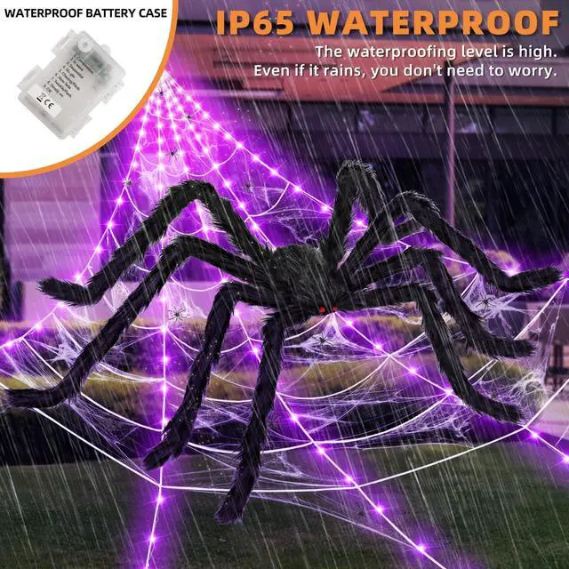 Alt view image 6 of 7 - Halloween Decorations Outdoor and Indoor,250 LED Halloween Spider Web Light Decorations with 59" Giant Spider & 20g Stretch Cobweb,200" Large Light Up Spider Web for Yard(Purple)