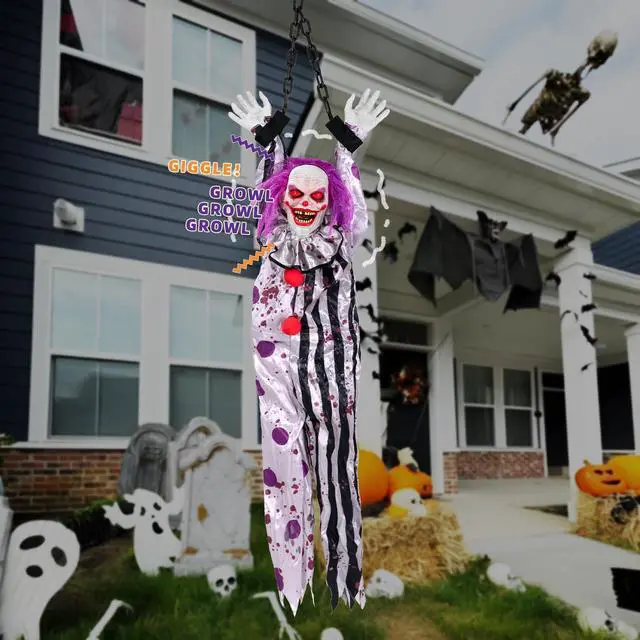 Alt view image 2 of 7 - Halloween Decorations Outdoor and Indoor,Scary Halloween Animatronics Clown,Hanging Clown with Light-Up Eyes and Creepy Sound,Party Decorations for Yard Lawn,Haunted House Decor