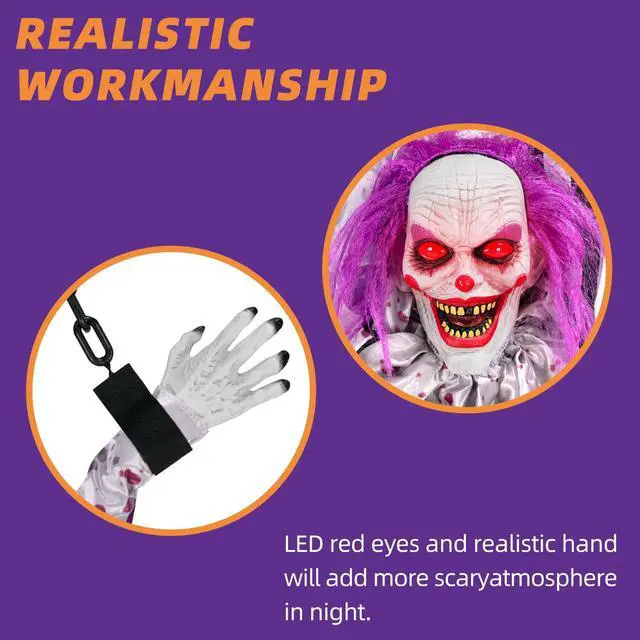 Alt view image 4 of 7 - Halloween Decorations Outdoor and Indoor,Scary Halloween Animatronics Clown,Hanging Clown with Light-Up Eyes and Creepy Sound,Party Decorations for Yard Lawn,Haunted House Decor