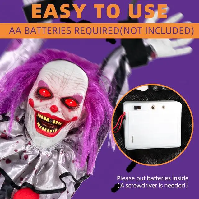 Alt view image 5 of 7 - Halloween Decorations Outdoor and Indoor,Scary Halloween Animatronics Clown,Hanging Clown with Light-Up Eyes and Creepy Sound,Party Decorations for Yard Lawn,Haunted House Decor