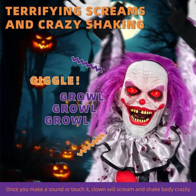 Alt view image 6 of 7 - Halloween Decorations Outdoor and Indoor,Scary Halloween Animatronics Clown,Hanging Clown with Light-Up Eyes and Creepy Sound,Party Decorations for Yard Lawn,Haunted House Decor
