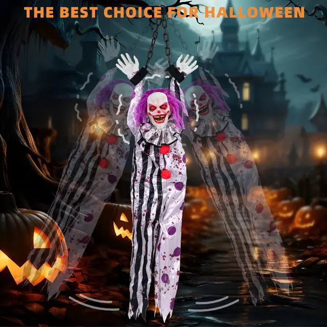 Alt view image 7 of 7 - Halloween Decorations Outdoor and Indoor,Scary Halloween Animatronics Clown,Hanging Clown with Light-Up Eyes and Creepy Sound,Party Decorations for Yard Lawn,Haunted House Decor