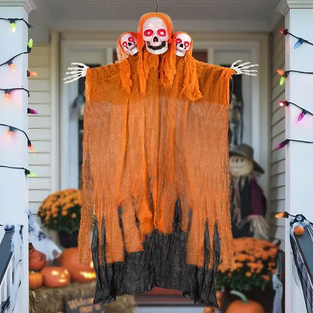 Main image of Halloween Decorations Outdoor and Indoor,Halloween Hanging Ghosts,Scary Grim Reaper Skeleton with Light-Up Eyes and Creepy Sound,Scary Party Decorations for Yard,Lawn,Haunted House Decor