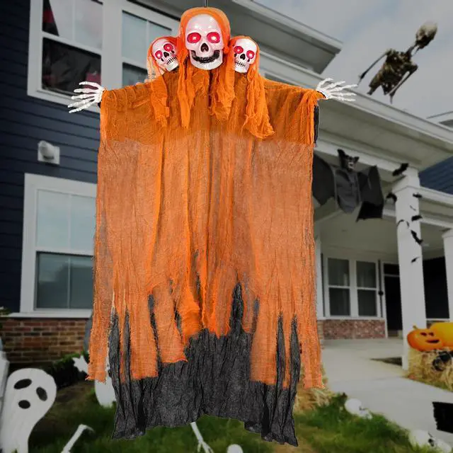 Alt view image 2 of 7 - Halloween Decorations Outdoor and Indoor,Halloween Hanging Ghosts,Scary Grim Reaper Skeleton with Light-Up Eyes and Creepy Sound,Scary Party Decorations for Yard,Lawn,Haunted House Decor