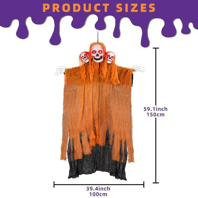 Alt view image 3 of 7 - Halloween Decorations Outdoor and Indoor,Halloween Hanging Ghosts,Scary Grim Reaper Skeleton with Light-Up Eyes and Creepy Sound,Scary Party Decorations for Yard,Lawn,Haunted House Decor