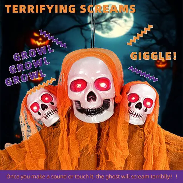 Alt view image 6 of 7 - Halloween Decorations Outdoor and Indoor,Halloween Hanging Ghosts,Scary Grim Reaper Skeleton with Light-Up Eyes and Creepy Sound,Scary Party Decorations for Yard,Lawn,Haunted House Decor