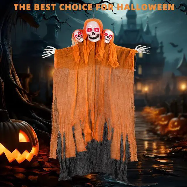 Alt view image 7 of 7 - Halloween Decorations Outdoor and Indoor,Halloween Hanging Ghosts,Scary Grim Reaper Skeleton with Light-Up Eyes and Creepy Sound,Scary Party Decorations for Yard,Lawn,Haunted House Decor