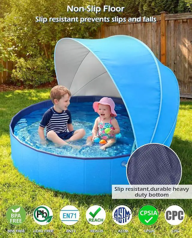 Alt view image 4 of 7 - Kiddie Baby Pool with Canopy - Foldable Infant Toddler Kids Pool with Shade Baby Beach Essentials Tent Swimming Wading Pools for Toddlers 1-3 + Kids Dogs Ball Pit Backyard Water Play B, 63"