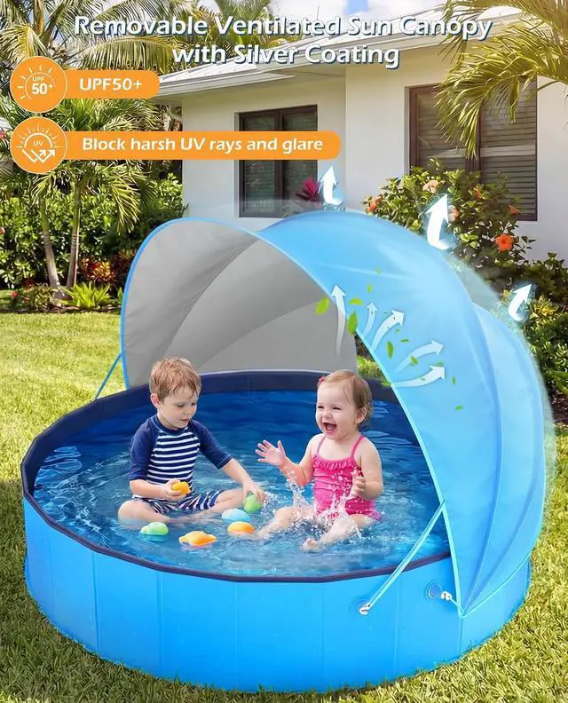 Alt view image 2 of 7 - Kiddie Baby Pool with Canopy - Foldable Infant Toddler Kids Pool with Shade Baby Beach Essentials Tent Swimming Wading Pools for Toddlers 1-3 + Kids Dogs Ball Pit Backyard Water Play B, 63"