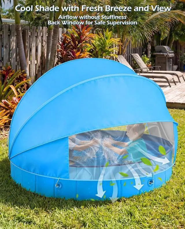 Alt view image 3 of 7 - Kiddie Baby Pool with Canopy - Foldable Infant Toddler Kids Pool with Shade Baby Beach Essentials Tent Swimming Wading Pools for Toddlers 1-3 + Kids Dogs Ball Pit Backyard Water Play B, 63"