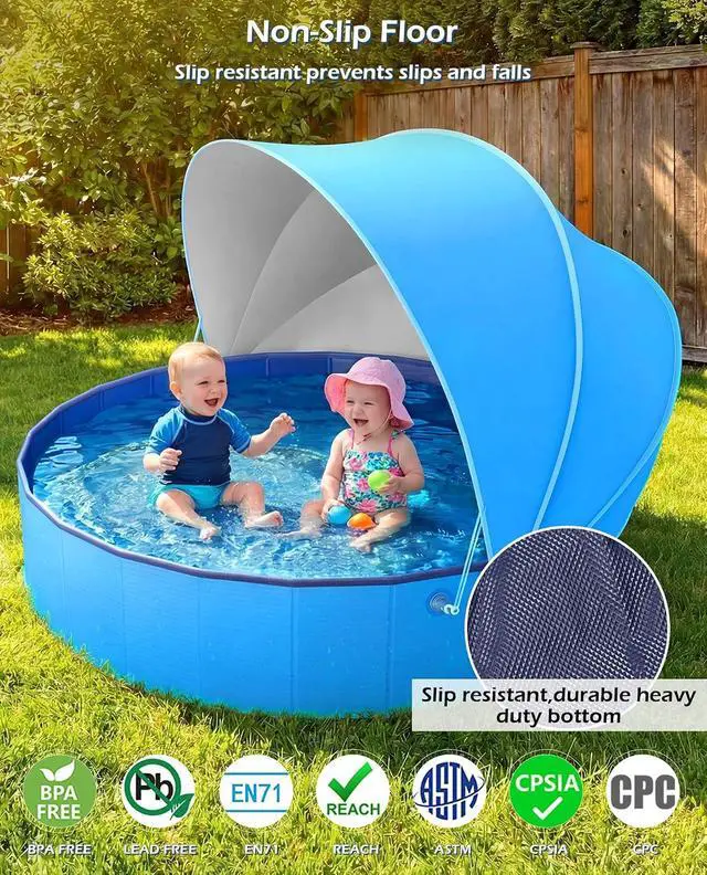 Alt view image 4 of 7 - Kiddie Baby Pool with Canopy - Foldable Infant Toddler Kids Pool with Shade Baby Beach Essentials Tent Swimming Wading Pools for Toddlers 1-3 + Kids Dogs Ball Pit Backyard Water Play B, 79"