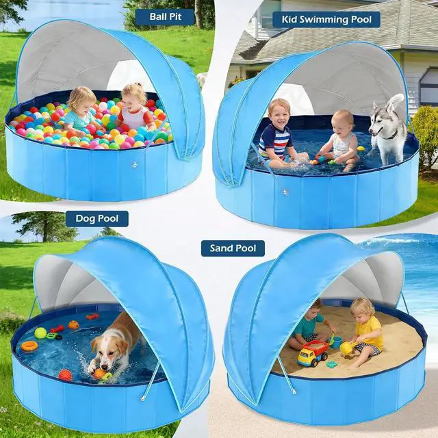 Alt view image 7 of 7 - Kiddie Baby Pool with Canopy - Foldable Infant Toddler Kids Pool with Shade Baby Beach Essentials Tent Swimming Wading Pools for Toddlers 1-3 + Kids Dogs Ball Pit Backyard Water Play B, 63"