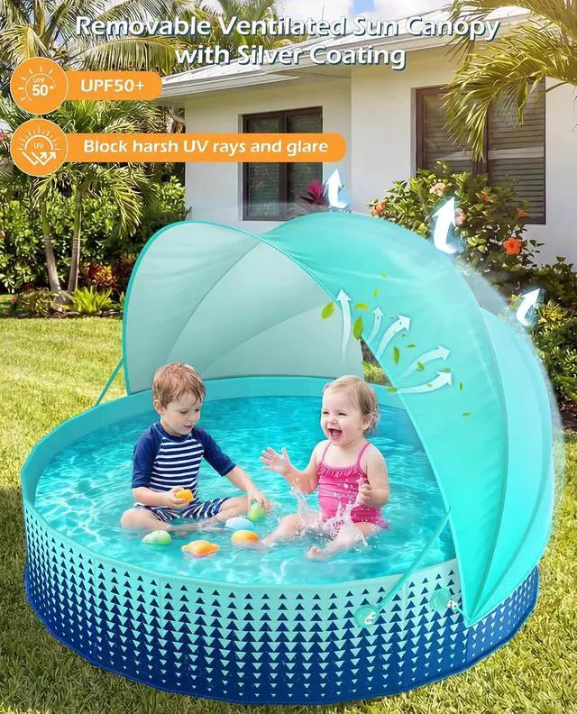 Alt view image 2 of 7 - Kiddie Baby Pool with Canopy - Foldable Infant Toddler Kids Pool with Shade Baby Beach Essentials Tent Swimming Wading Pools for Toddlers 1-3 + Kids Dogs Ball Pit Backyard Water Play G, 79"