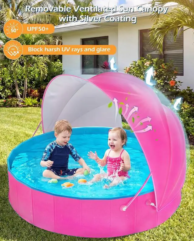 Alt view image 2 of 7 - Kiddie Baby Pool with Canopy - Foldable Infant Toddler Kids Pool with Shade Baby Beach Essentials Tent Swimming Wading Pools for Toddlers 1-3 + Kids Dogs Ball Pit Backyard Water Play R, 79"