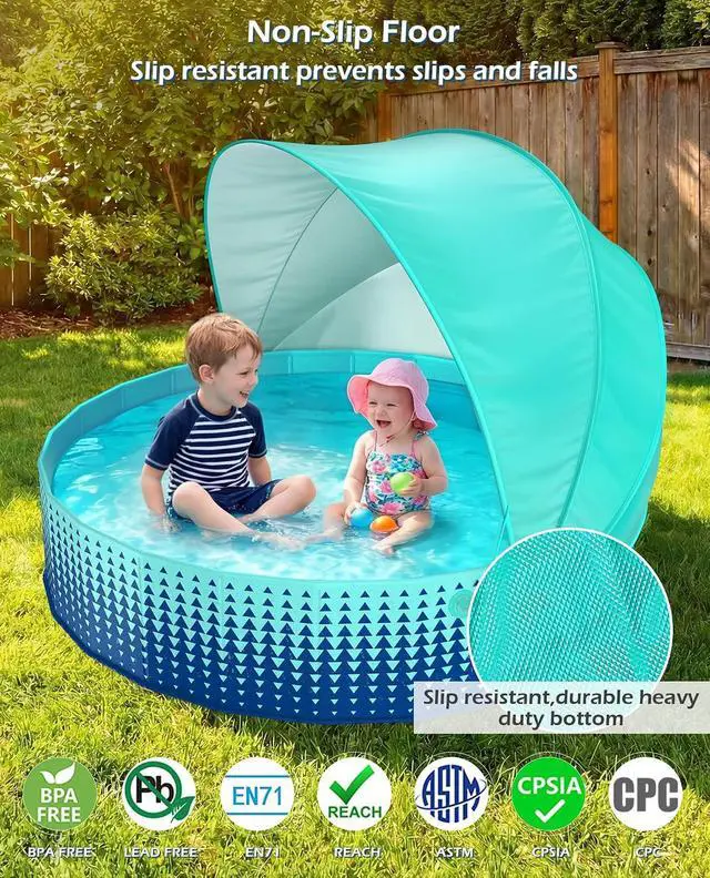 Alt view image 4 of 7 - Kiddie Baby Pool with Canopy - Foldable Infant Toddler Kids Pool with Shade Baby Beach Essentials Tent Swimming Wading Pools for Toddlers 1-3 + Kids Dogs Ball Pit Backyard Water Play G, 79"