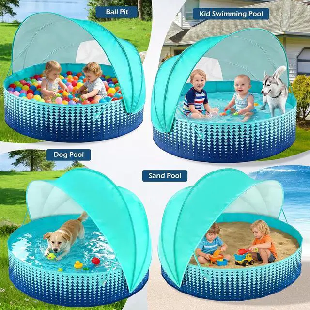 Alt view image 7 of 7 - Kiddie Baby Pool with Canopy - Foldable Infant Toddler Kids Pool with Shade Baby Beach Essentials Tent Swimming Wading Pools for Toddlers 1-3 + Kids Dogs Ball Pit Backyard Water Play G, 79"