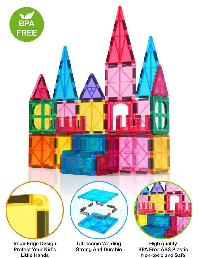 Alt view image 4 of 7 - 57PCS Magnetic Tiles Building Blocks Set for Boys Girls Preschool Educational Magnet Construction Kit Stacking STEM Toys Christmas Birthday Gifts for Kids Toddlers 3 4 5 6 7 8 9 + Year Old