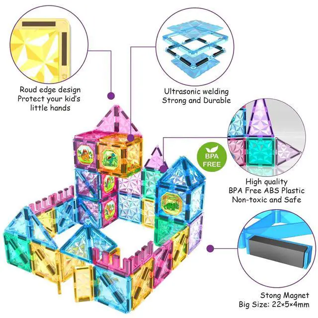 Alt view image 2 of 7 - 110PCS Magnetic Tiles Building Blocks Set for Boys Girls Preschool Educational Magnet Construction Kit Stacking STEM Toys Christmas Birthday Gifts for Kids Toddlers 3 4 5 6 7 8 9 + Year Old